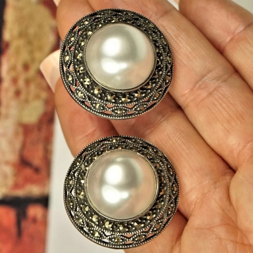 Judith Jack Sterling w/Marcasite and Faux Pearl Earrings - Picture 7 of 11